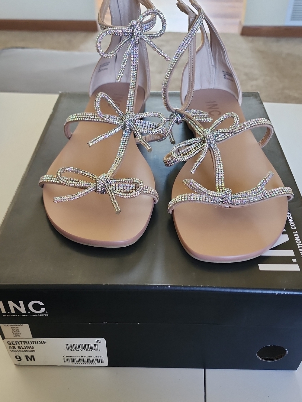 INC International Concepts Blush Rhinestone Bow Ankle-Tie Sandals